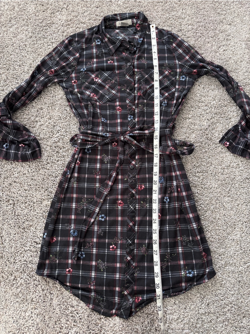 Passport Plaid Floral Dark Cottagecore Tie Waist Button Tunic Shirt/Dress Size S - Picture 10 of 11
